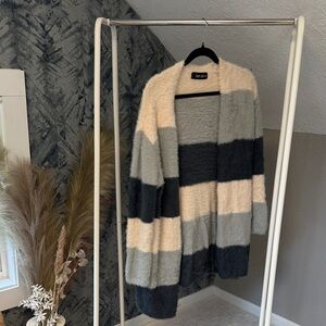 fab'rik Cozy Striped Cardigan in Cream and Gray